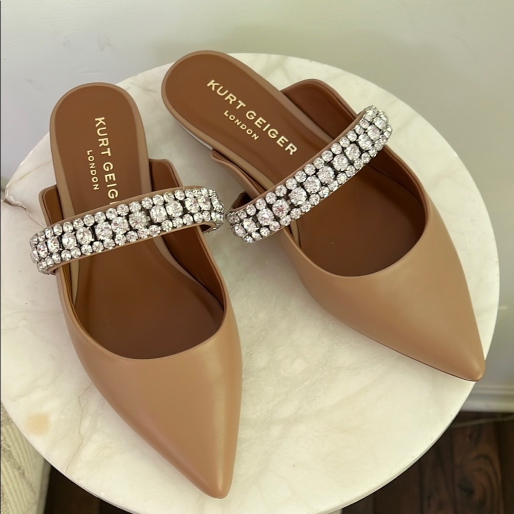 Kurt Geiger Tan Pointed-Toe Crystal Mules